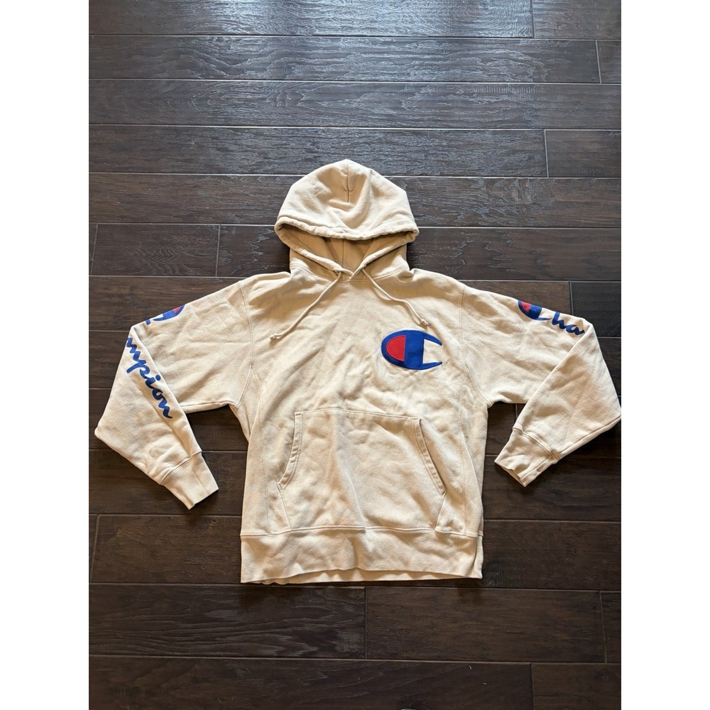 Champion Reverse Weave Mens Medium Oatmeal Tan Big C Logo Sleeve Script Hoodie